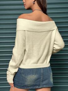 SHEIN Unity Women Solid Color Rib Knit Off Shoulder Fall Sweater Knit Pullover Sweater Fall Winter - Apricot - View 2