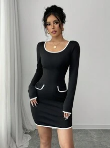 Elenzga Robe moulante à manches longues mini au contraste noir et blanc, coupe slim, pour le printemps et l'automne, idéale pour la Saint-Valentin