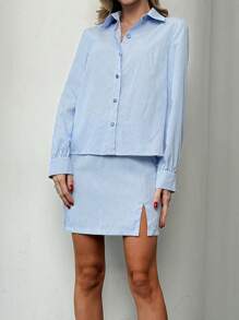 Firerie 女士优雅休闲街头时尚返校通勤办公室条纹纽扣宽松衬衫和开衩迷你裙 2 件套