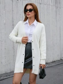 RueChic Women Solid Color Hairy Yarn V-Neck Front Button Drop Shoulder Cardigan - White - View 1