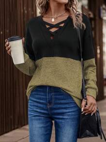 SHEIN LUNE Áo nỉ tay rớt phối màu giản dị, áo chui đầu mùa thu. - Màu Mù tạt vàng - Xem 4
