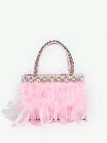 SHEIN ICON 女士手提包，时尚、简约、个性、百搭、甜美酷炫女孩、辣妹、千禧一代、街头风、人造羽毛、钻石，适合鸡尾酒会、派对、舞会、俱乐部、约会、生日、晚会、约会之夜 - 粉色 - 查看 1