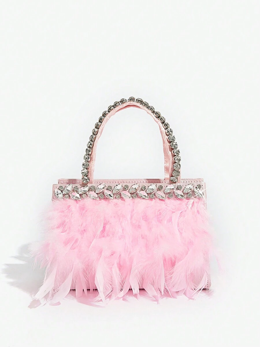 SHEIN ICON 女士手提包，时尚、简约、个性、百搭、甜美酷炫女孩、辣妹、千禧一代、街头风、人造羽毛、钻石，适合鸡尾酒会、派对、舞会、俱乐部、约会、生日、晚会、约会之夜 - 粉色 - 查看 1