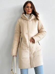 SHEIN Privé New Autumn/Winter Casual Versatile Warm Thermal Lined Hooded Long Winter Coat In Apricot - Apricot - View 5