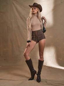 MUSERA WESTERN Sheer High Neck Ruched Top Going Out Top Vacation Spring Summer Ibiza Boho Fall - Apricot - View 1