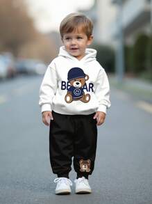 SHEIN Leap Crew 可爱小熊，酷炫小熊，户外服装，男婴休闲宽松柔软针织连帽卫衣套装，适合秋冬季穿着 - 白色 - 查看 1