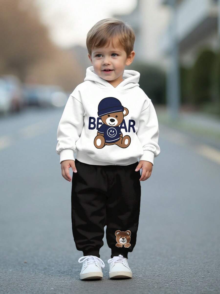 SHEIN Leap Crew 可爱小熊，酷炫小熊，户外服装，男婴休闲宽松柔软针织连帽卫衣套装，适合秋冬季穿着 - 白色 - 查看 1
