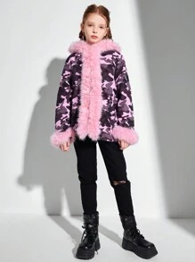 SHEIN Jaqueta de Gola Felpuda e Acolchoada em Estampa de Camuflagem para Meninas Pré-Adolescentes, Roupa de Outerwear Felpuda e Estilosa Para Outono/Inverno