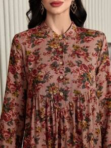 Al Najma Vestido estilo árabe franzido com estampa floral e manga longa com fecho de botão frontal, vestidos árabes estilo boho modesto, para viagens/casual/casa/férias