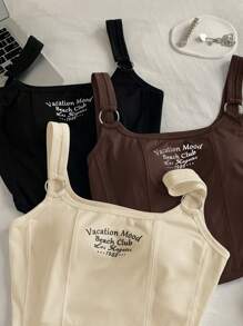 Comfortcana Camiseta de tirantes ancha con estampado de letra simple para mujer, para uso diario - Multicolor - Ver 4