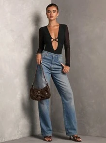 SHEIN BAE 女士性感深 V 领网眼撞色紧身衣，秋季 - 黑色 - 查看 3