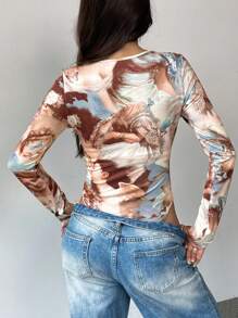 Chiquease Women's Form-Fitting Sexy Printed Long Sleeve Bodysuit, For Autumn