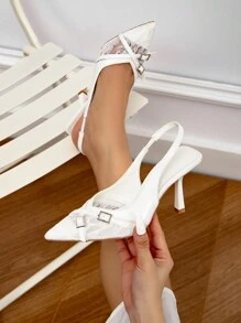 CUCCOO CHICEST 女士白色蕾丝尖头高跟鞋派对新娘结婚周年纪念鞋 - 白色 - 查看 3