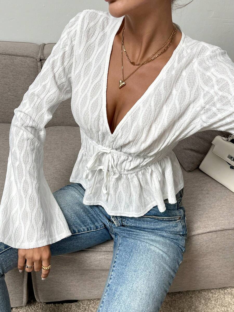 SHEIN Frenchy 1pc Women Plain Front Tie Long Sleeve Minimalist Blouse, Casual Daily Wear,Fall Clothing,Thanksgiving Women Outfit,Halloween Women Costumes,Elegant Women Dresses ,Dress With Bow,Long Sleeve Women Blouses,Thanksgiving Shirt Winter White