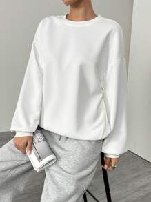 SHEIN EZwear 1 chiếc áo nỉ dệt kim màu trắng thả vai rộng rãi cho nữ, thích hợp cho mùa thu, áo dài tay - trắng - Xem 6