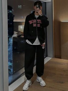 DAZY Letter Print Thermal Lined Sweatshirt Set For Men, Autumn