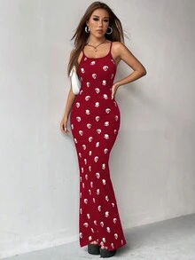 SHEIN Unity Váy tiên cá in hình bộ xương Halloween - Màu Đỏ Sâu - Xem 3