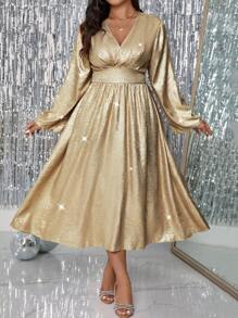 Allurite Váy Maxi lấp lánh kim loại cỡ lớn, tay loe, eo thắt, cổ chữ V, viền loe, váy bóng cho tiệc năm mới - Vàng - Xem 5