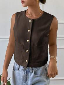 Livesso 1 pieza Chaqueta ajustada sin mangas de cuello redondo de unicolor para mujer, ropa de mujer para otoño