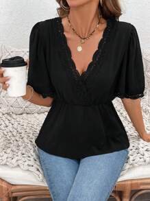 INAWLY Women's Solid Color Lace Trim Ruched Waist Puff Sleeve Blouse - Black - View 2