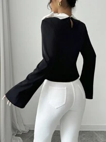 Elenzga 1pc Women's Black Bowknot Bell Sleeve Blouse Women Shirt