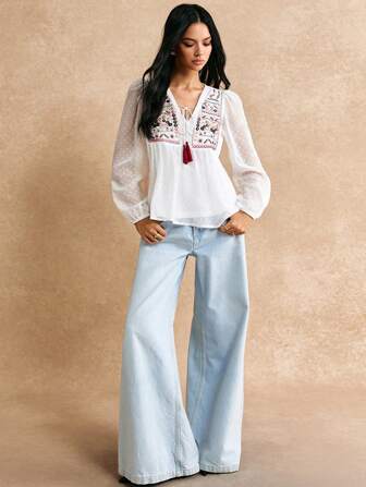 Poéselle Embroidery Fringe Detail Peplum Blouse