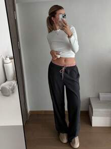 Aloruh Pantalones palazzo de talle elástico de contraste de terciopelo para mujer, estilo casual/oficina, ajuste holgado y largo hasta el tobillo - Multicolor - Ver 8