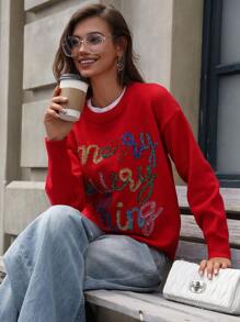Femmeiva 1pc Letter Sequin 3D Embroidered Crew Neck Long Sleeve Knitted Sweater, Random Color Fall Winter - Red - View 5