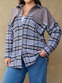 RueChic Plus Plaid Button Up Drop Shoulder Shirt - Beige - View 5