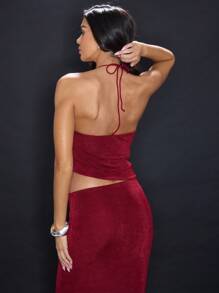 MUSERA Low Waist Maxi Skirt Elegant Summer Sexy Evening Party - Burgundy - View 3