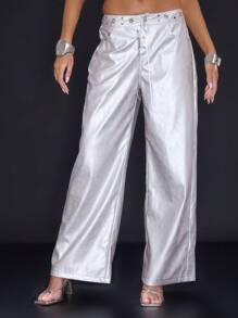 MUSERA Y2K 90年代夏季派对金属质感镂空腰带长裤 - 銀色 - 查看 2