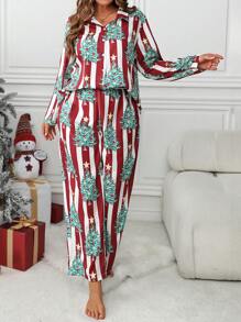 SHEIN LUNE 2 件套大码圣诞条纹圣诞树印花长袖上衣和长裤套装 - 紅色 - 查看 5