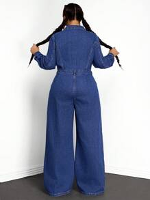 SHEIN EZwear Plus Size Plain Front Button Pocket Casual Long Sleeve Denim Jumpsuit - Blue - View 2