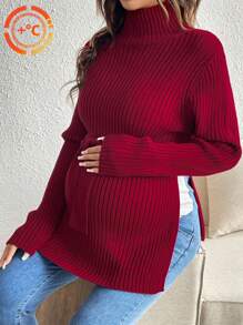 SHEIN Suéter liso de cuello alto de manga larga y unicolor, para uso diario casual en invierno, para maternidad