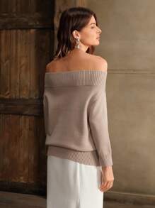 Anewsta Elegante suéter hecho a mano con hombros descubiertos y cuentas, jersey de punto de otoño e invierno - Gris - Ver 4