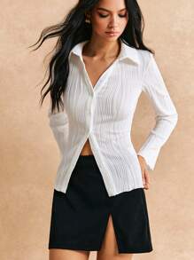 Poéselle 素色木耳邊前紐扣紋理質感T恤 - 白色 - 查看 1