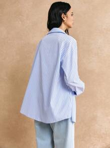 Poéselle 女式衬衫蓝色碎花衬衫 3D 碎花条纹长袖落肩休闲衬衫，秋季衬衫长袖女式衬衫女式衬衫可爱衬衫超大衬衫蓝色衬衫基础款纽扣海军蓝衬衫 2024 秋冬，冬装