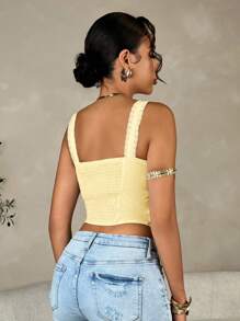 SHEIN BAE Áo corset ren tương phản cho kỳ nghỉ hè Victoria Secret, Áo ba lỗ trang phục mùa hè, Áo tunic - Màu vàng - Xem 2