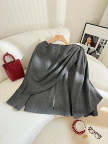 SHEIN Privé Plus Size Solid Color Wrap-Around Slit Elegant Long Sleeve Coat, For Winter - Grey - View 6