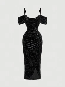 SHEIN MOD Vestido largo de mujer de terciopelo burdeos con estampado en relieve, para principios de otoño - Negro - Ver 1