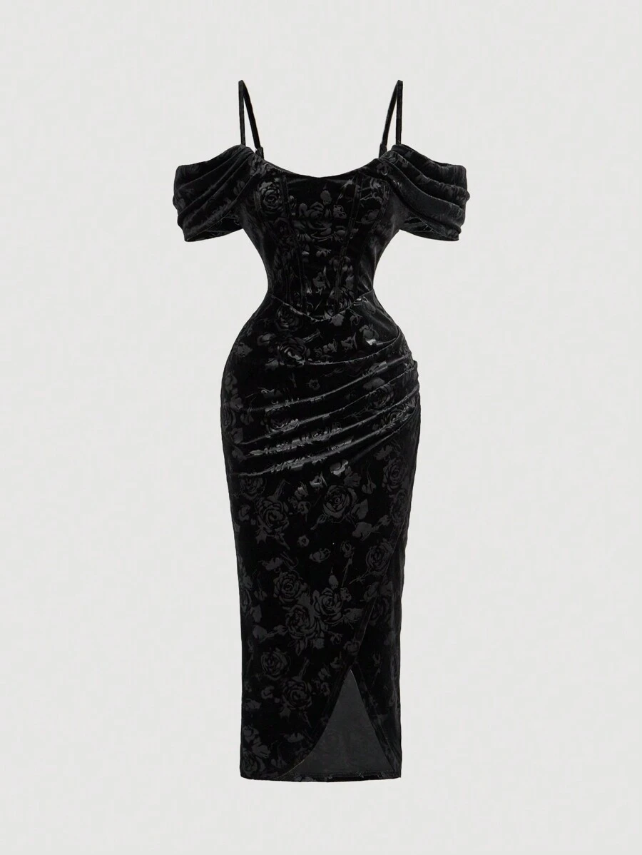 SHEIN MOD Vestido largo de mujer de terciopelo burdeos con estampado en relieve, para principios de otoño - Negro - Ver 1