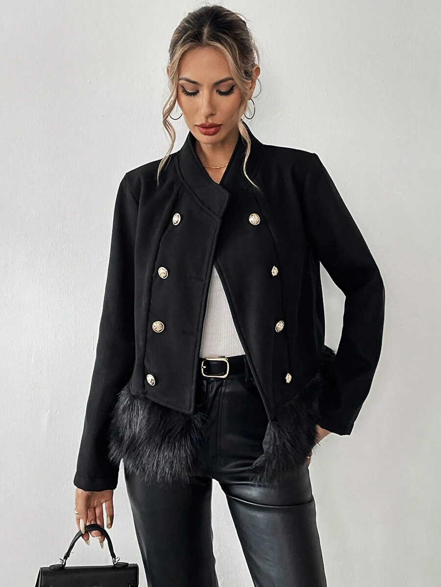 SHEIN Clasi 女士优雅拼布羽毛流苏下摆夹克 - 黑色 - 查看 1