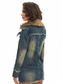 ROMWE Grunge Punk Y2K Vintage Distressed Wash Patchwork Fluffy Collar Denim Jacket - Blue - View 4