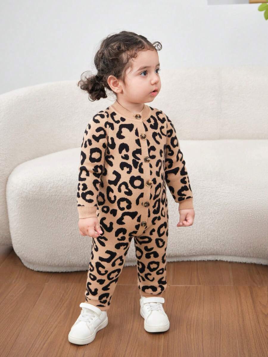 SHEIN Leap Crew Newborn Baby Girl Leopard Pattern Knitted Romper, Autumn/Winter - Brown - View 1