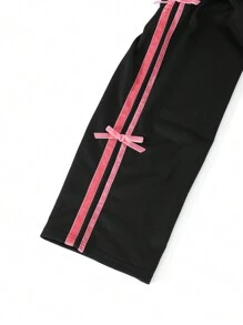 SHEIN Explorewe 少女 2 件蝴蝶装饰拉链夹克和裤子运动装，适合春秋季节 - 黑色 - 查看 8