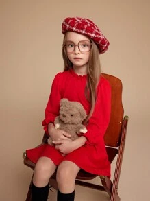 PrepCrw Vestido corto con mangas largas de unicolor con detalle fruncido para niña joven - Rojo - Ver 8