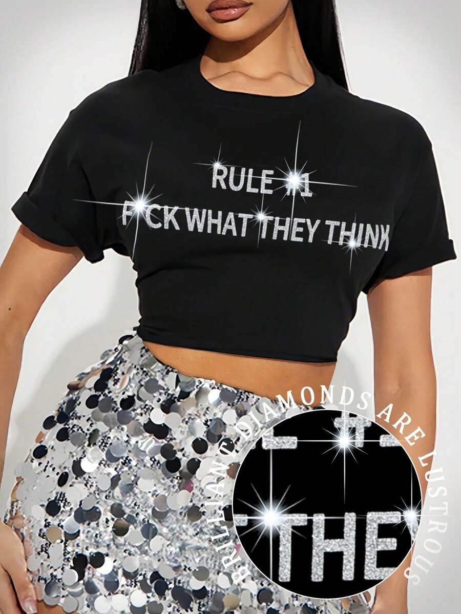 SHEIN EZwear 女士标语印花圆领短袖短款休闲 T 恤图案 T 恤女式上衣 - 黑色 - 查看 1
