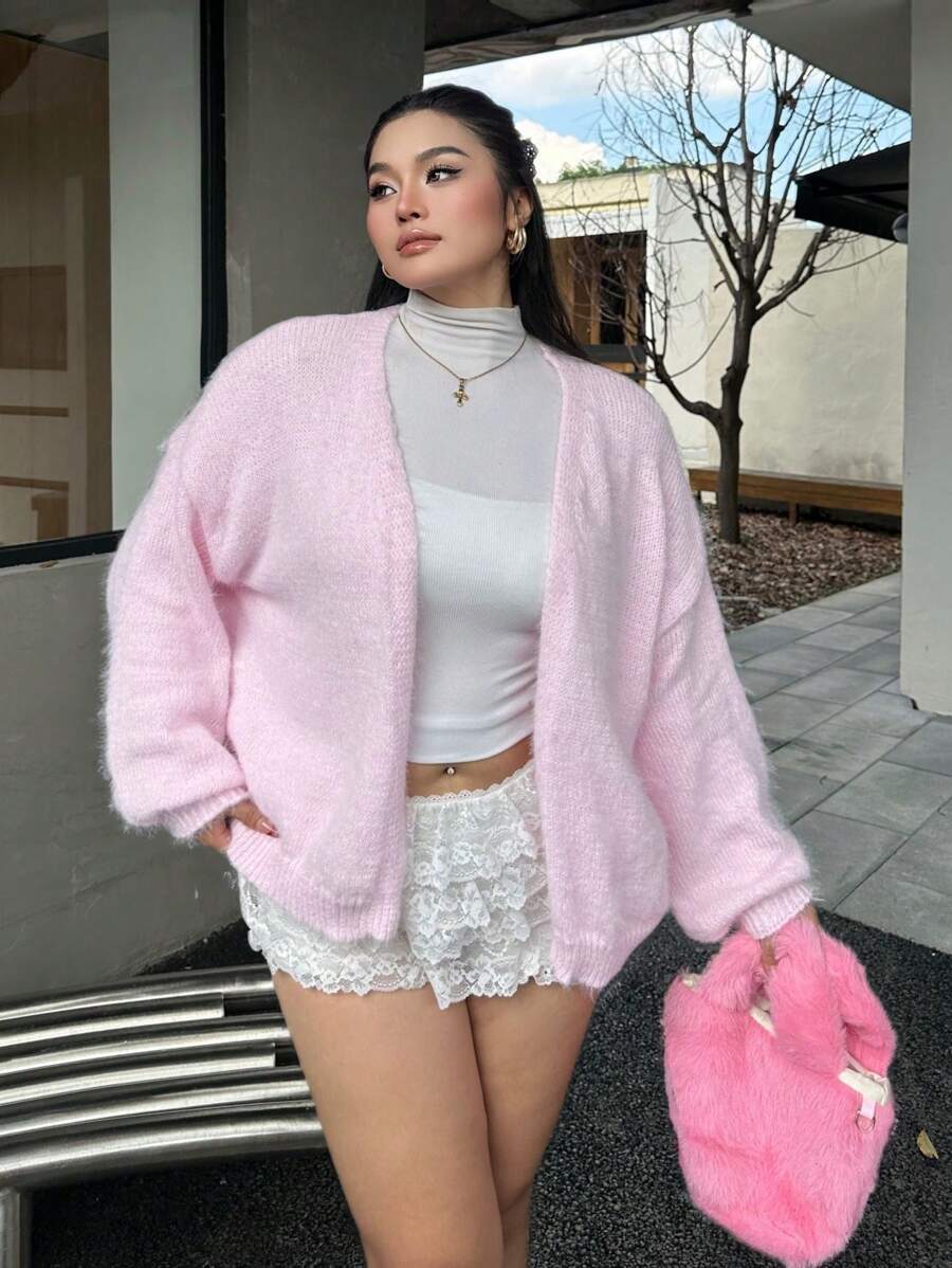 SHEIN Qutie Plus Size Solid Color Long Sleeve Casual Shirt - Pink - View 1