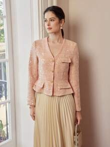 MOTF PREMIUM TWEED SEQUINS V-NECK FLAP DETAIL JACKET - Pink - View 7