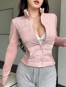 DAZY 基本款女式纯色拉链长袖棉衣，冬季夹克 - 粉色 - 查看 8